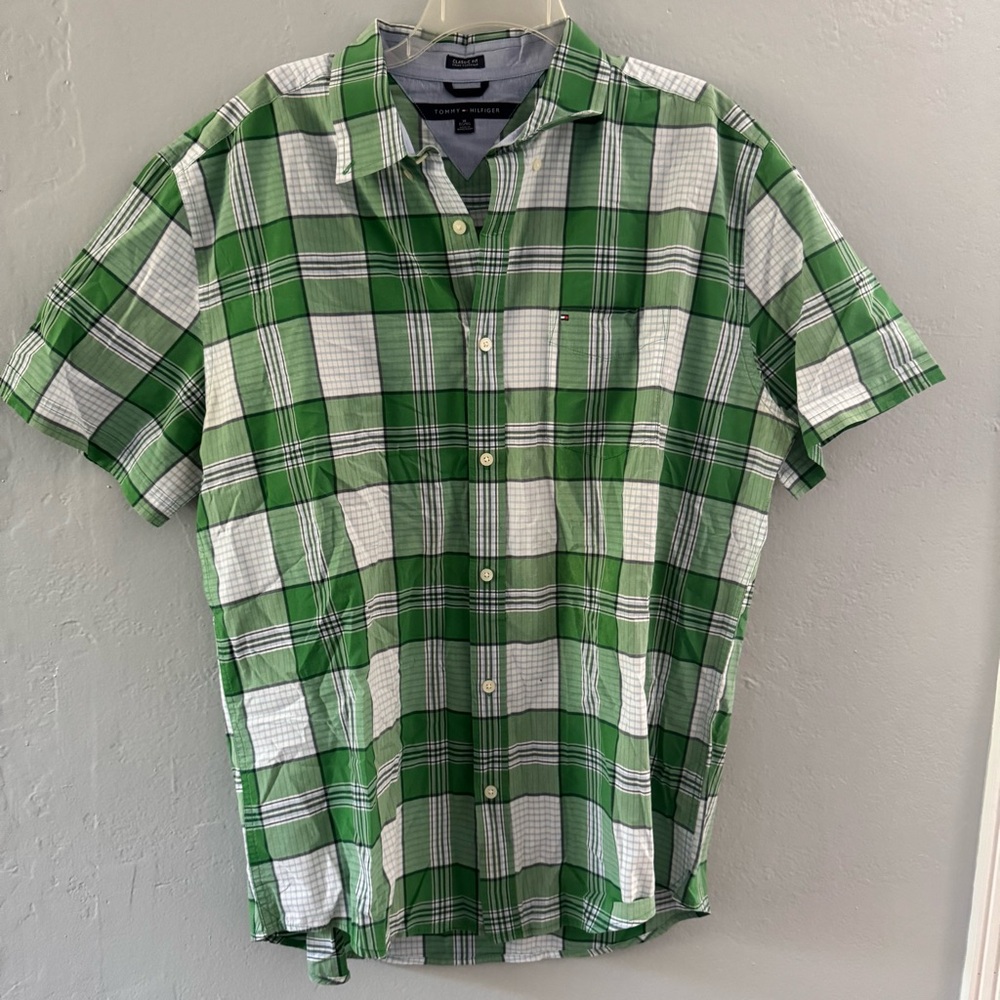 Tommy Hilfiger Green and White Plaid Shirt